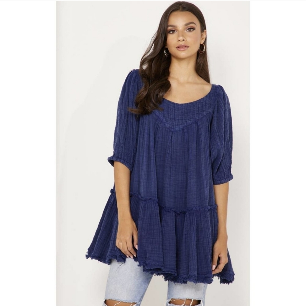 Free People Women Mystery Land Tunic Top Round Neck Peplum Hem Blue Size XS New